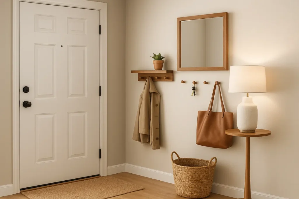 Entryway with a white front door, wooden floating shelf with hooks, square wood-framed mirror, ceramic table lamp on a pedestal table, woven basket, leather tote bag, coat, and a small potted plant.