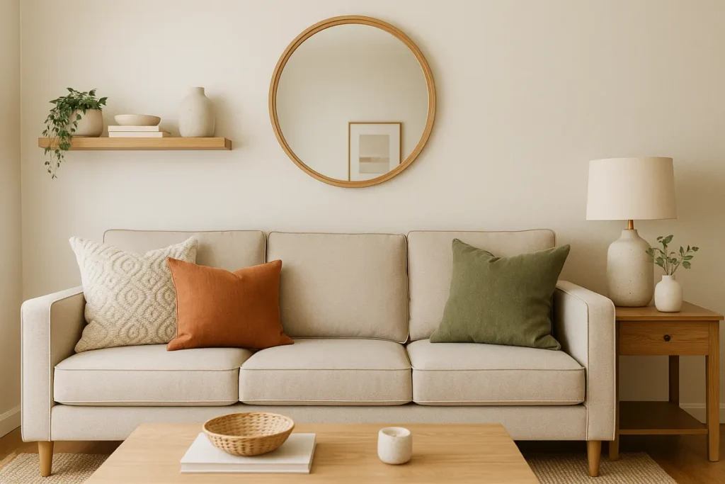 Bright living room with a light beige sofa, new throw pillows, a round wall mirror, neutral ceramic table lamp, open wooden shelves styled with books and decor, and a jute rug on light wood flooring
