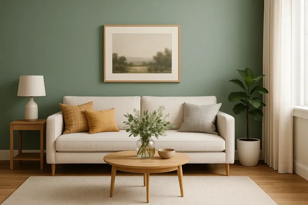 Cozy living room with a sage green accent wall, beige sofa, wooden coffee table, and framed wall art in a minimalist DIY decor style.