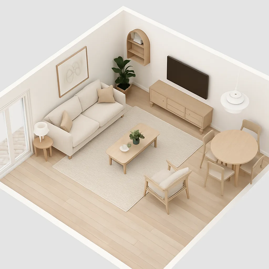 3D floor plan mockup generated by Homestyler AI showing Scandinavian-style living room.