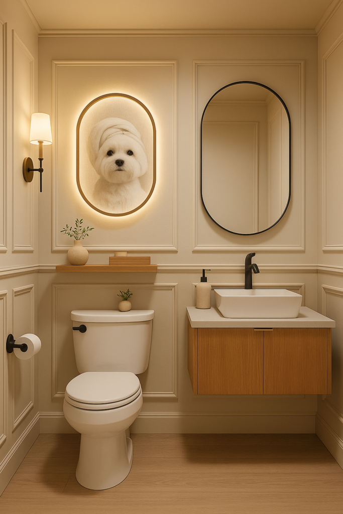 AI-generated image of a stylish powder room with cream-colored boiserie paneling, a floating wood vanity, and a backlit framed portrait of a Maltese dog above the toilet. The toilet is on the left and the sink on the right, styled with black matte fixtures and light wood flooring.