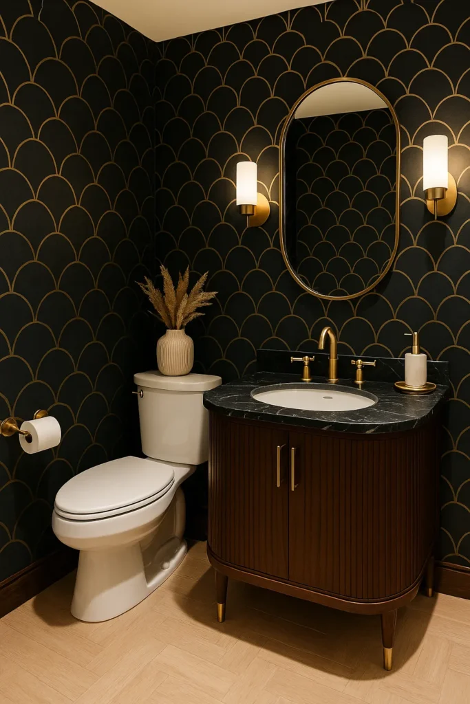 AI-generated image of a small powder room in Art Deco Revival style with original layout, featuring the toilet on the left, vanity on the right, fan-patterned wallpaper in black and gold, a black marble-topped vanity, and brass Art Deco fixtures.