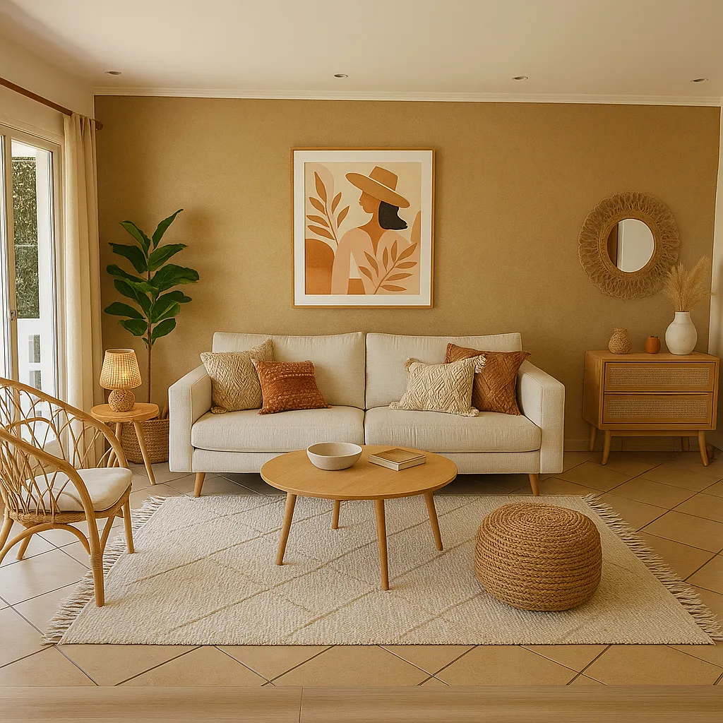 AI-generated Boho Chic living room with warm textures, rattan accents, and terracotta decor.