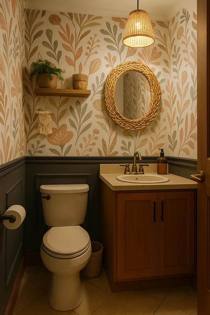 AI-generated powder room makeover in boho chic style with warm tones and modern accents