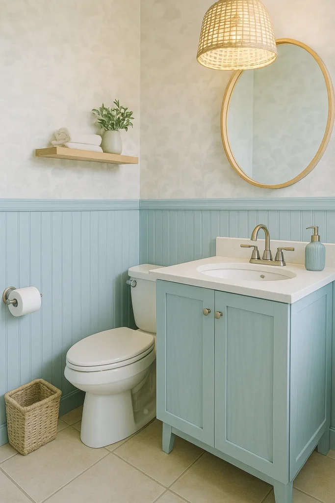 AI-generated image of a small powder room in Coastal style, featuring seafoam blue walls, white trim, a light wood vanity, chrome fixtures, and nautical decor accents like a woven basket and potted greenery.