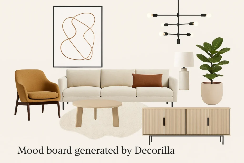Mood board generated by Decorilla combining modern furniture and earthy tones.