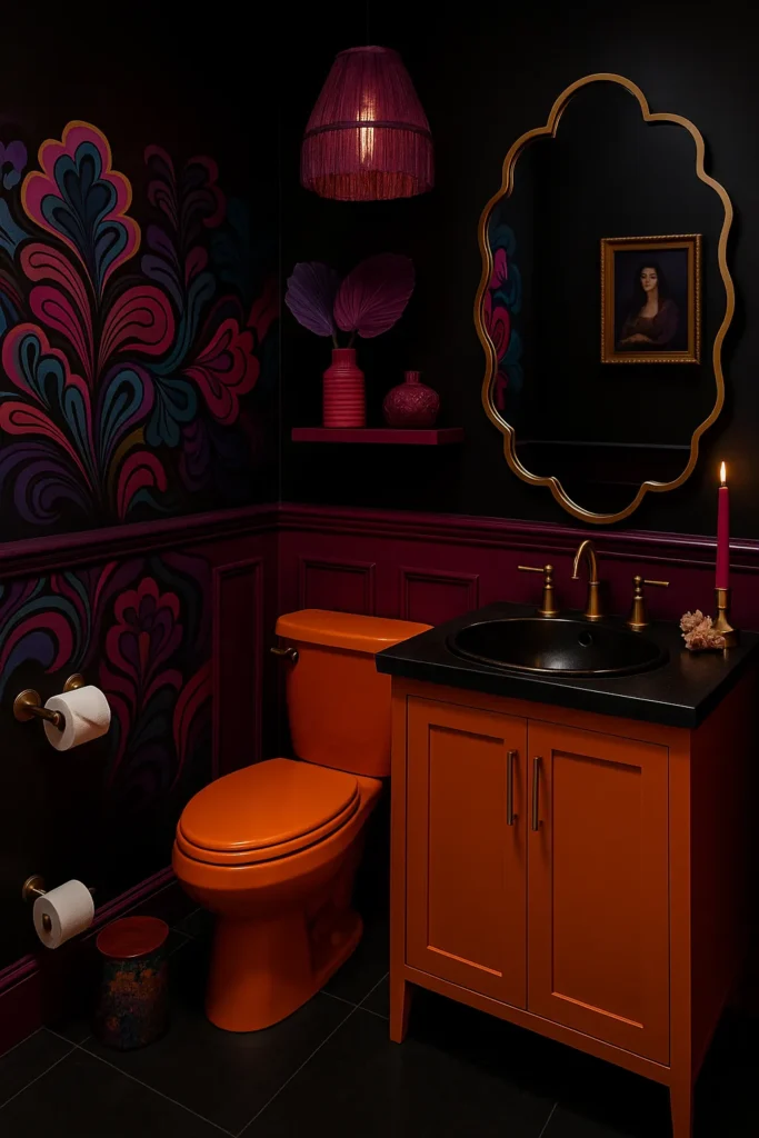 AI-generated image of a bold powder room in Eclectic Glam style, featuring jewel-toned walls, psychedelic floral wallpaper, brass fixtures, an orange toilet, and dramatic lighting with layered artistic decor.