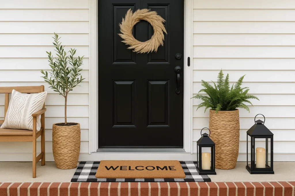 Modern black front door styled with a pampas grass wreath, layered welcome doormat, rattan planters with greenery, outdoor bench with pillow, and black lanterns with flameless candles.