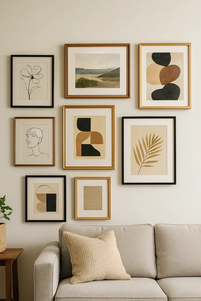 Gallery wall above a light gray sofa with a mix of abstract and botanical artwork in black, gold, and wood frames on a beige wall, styled in a modern minimalist living room.
