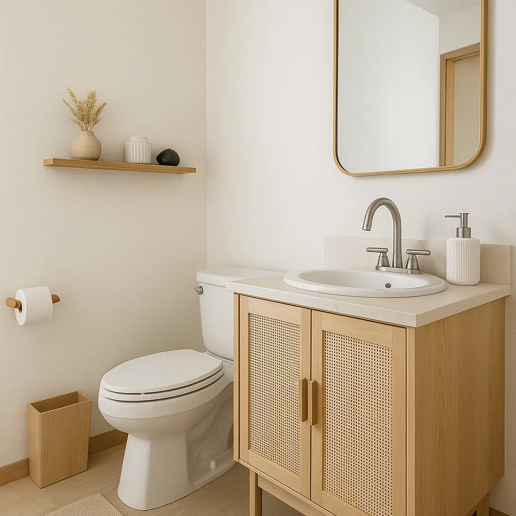AI-generated image of a small powder room in Japandi style, featuring light wood finishes, a minimalist vanity, stone sink, warm ambient lighting, and organic decor with Scandinavian and Japanese influences.