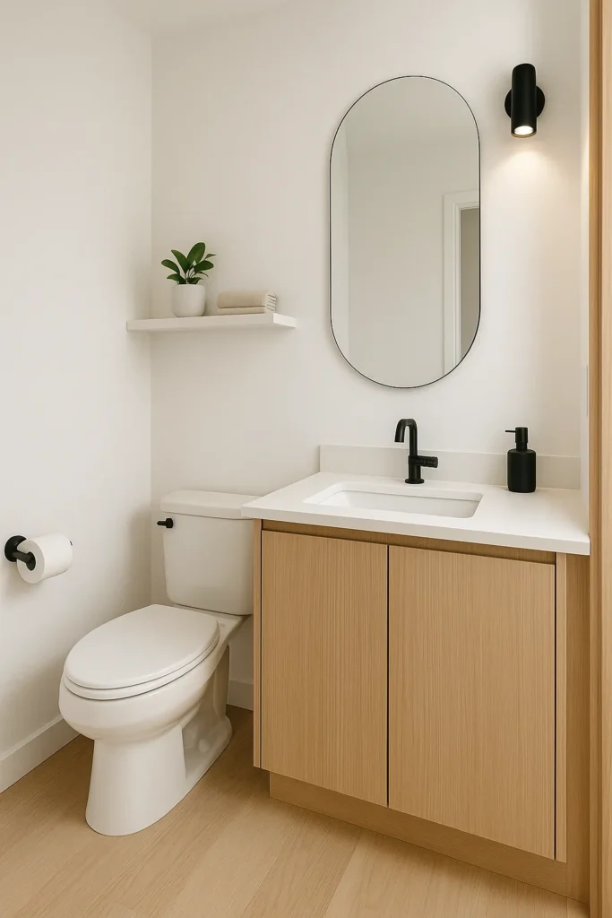 AI-generated image of a small powder room in Minimalist Modern style, featuring light wood flooring, matte white cabinetry, a frameless mirror, and chrome fixtures with minimal decor.