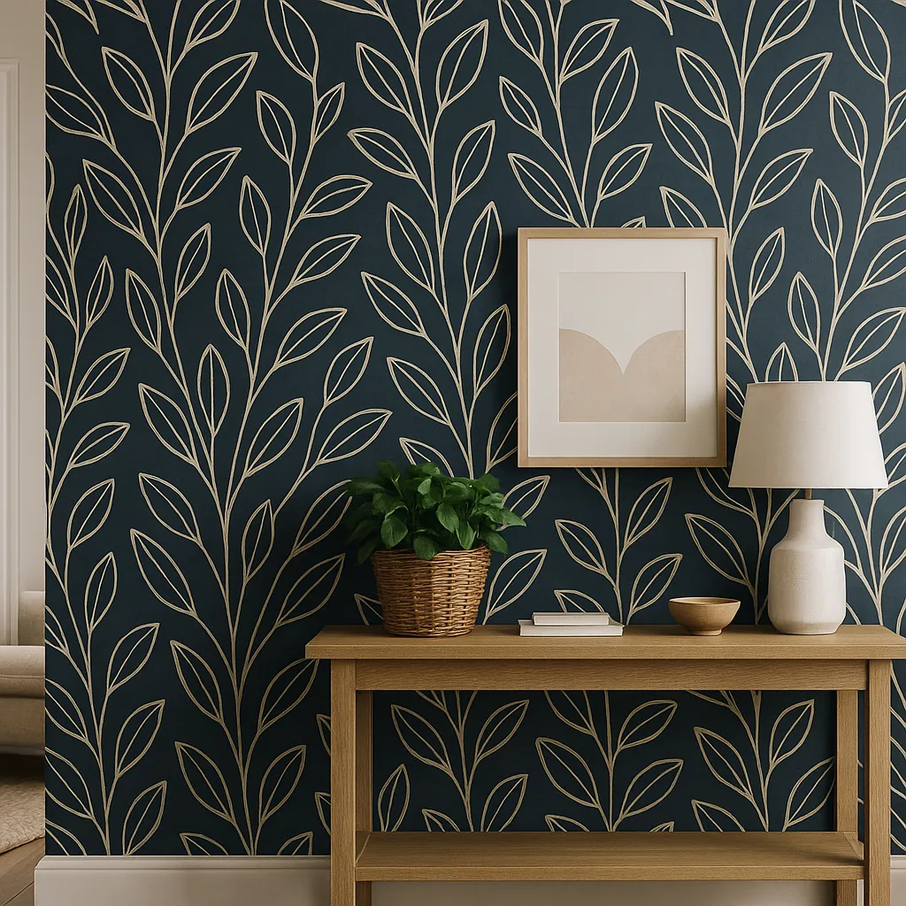 Cozy room corner with navy botanical peel-and-stick wallpaper behind a natural wood console table, styled with a wicker plant basket, ceramic lamp, and minimalist wall art.