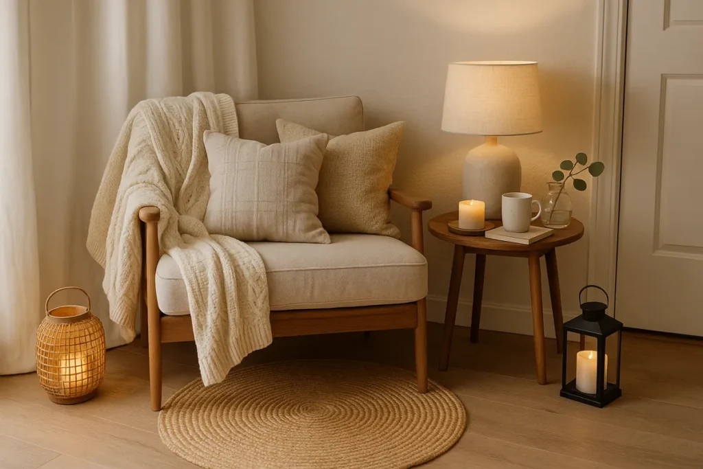 Cozy Scandinavian reading nook by a window with a light beige armchair, textured throw blanket, linen pillows, a round jute rug, side table with a ceramic mug and candle, and soft ambient lighting.