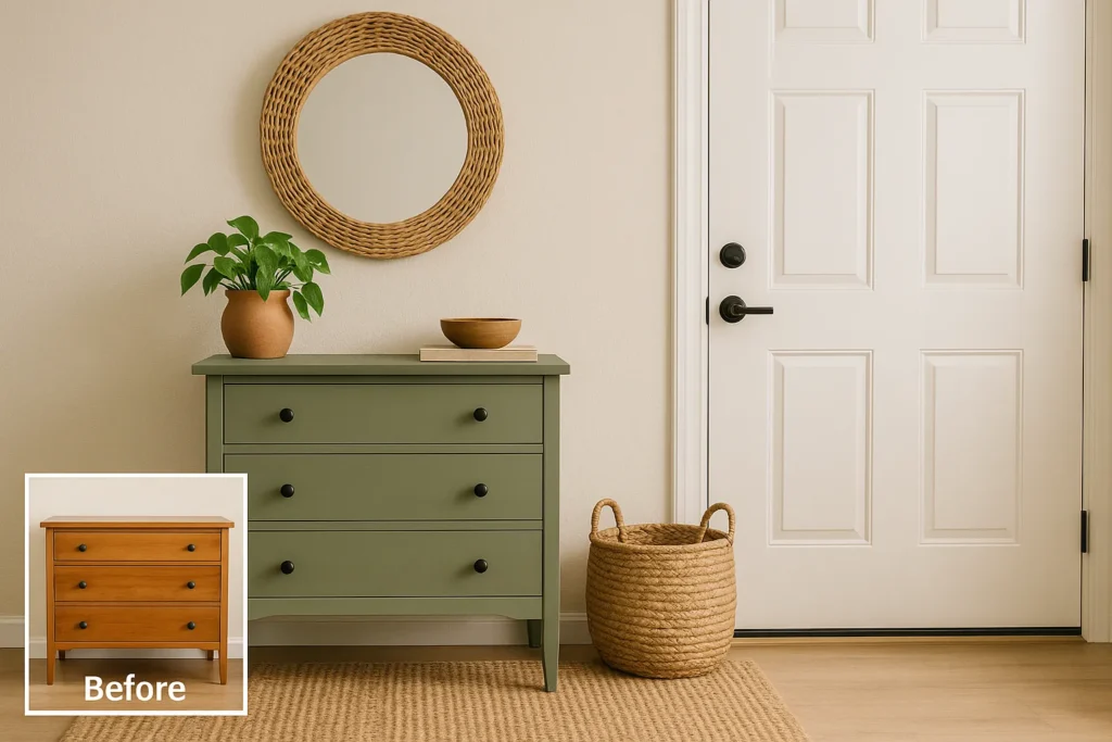 Scandinavian-style entryway featuring a soft green repainted dresser with black knobs, a before-and-after inset of the original wood finish, a rattan mirror, terracotta plant pot, woven basket, and a white front door.