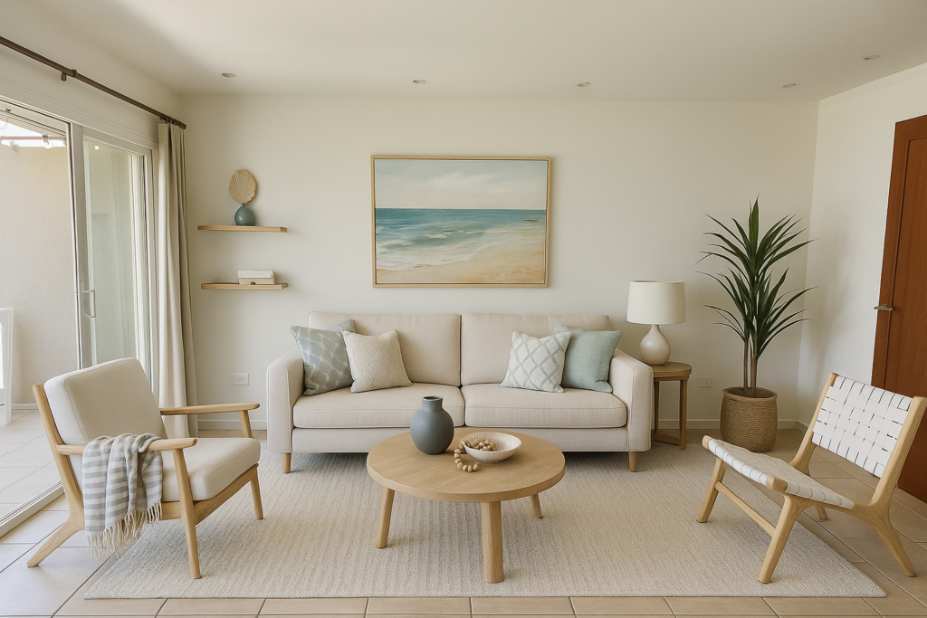 Coastal-style living room generated with AI interior design tools, featuring a beige sofa, light wood furniture, ocean-themed wall art, and natural light from sliding glass doors.