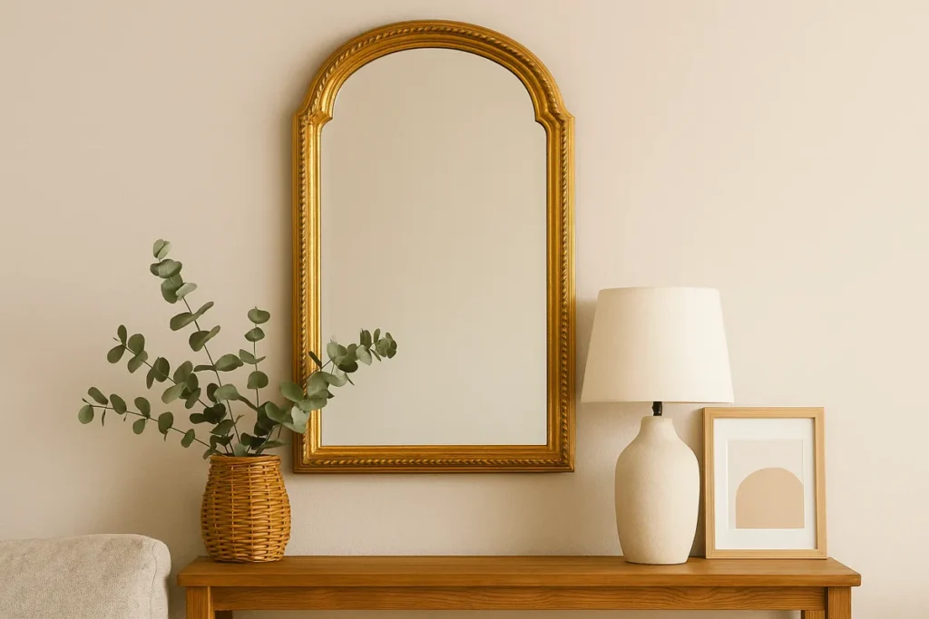 Vintage gold-framed mirror above a wooden console table, styled with a rattan basket holding eucalyptus branches, a ceramic table lamp, and framed minimalist artwork in a cozy neutral-toned interior.