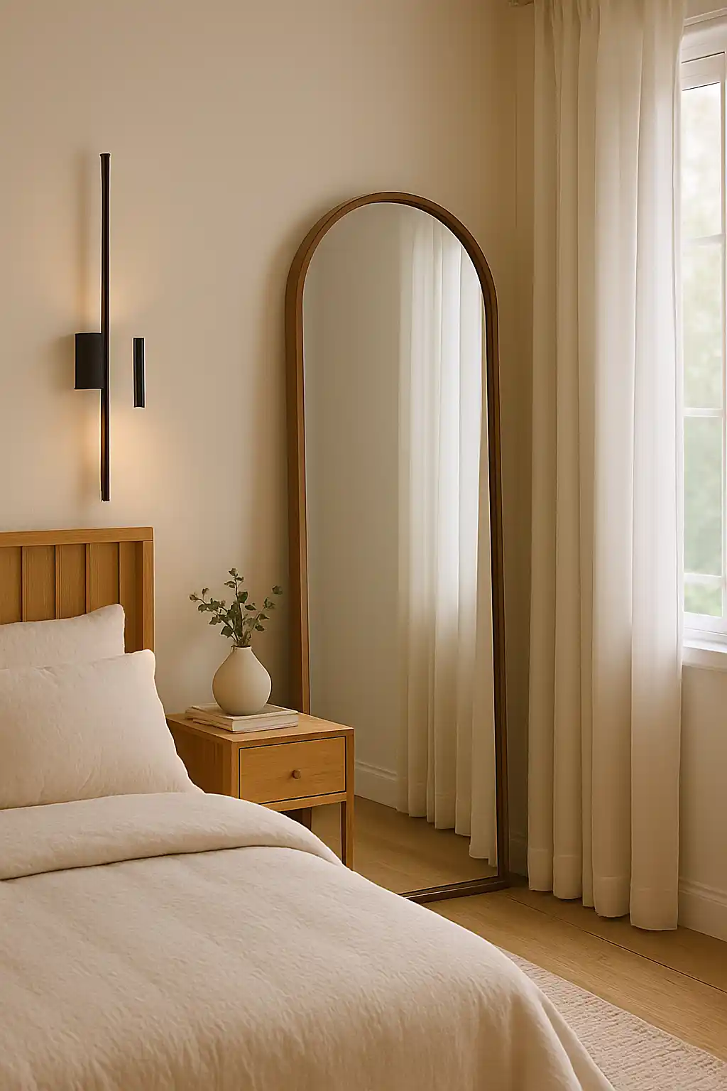 Elegant decorative mirror that reflects natural light and makes small bedrooms feel bigger