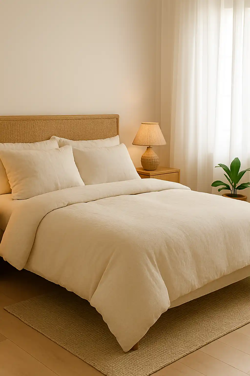 Small cozy bedroom decorated with luxurious light-colored bedding that makes the room feel brighter and more spacious