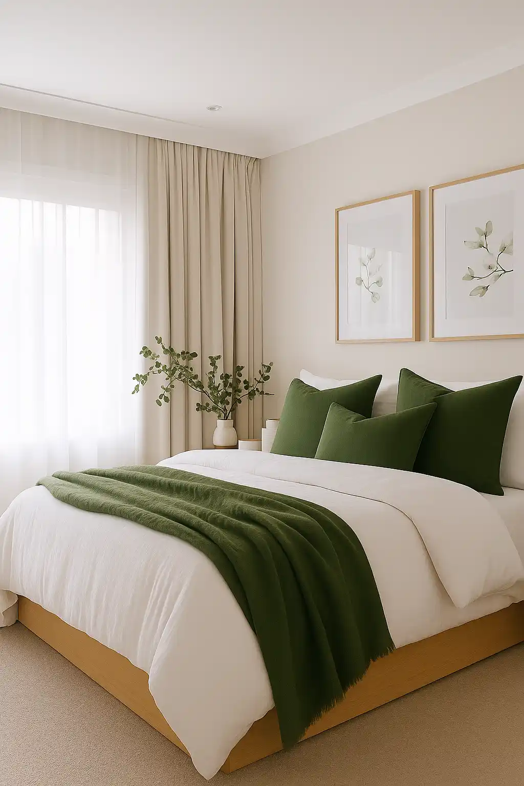 Minimalist Scandinavian bedroom with fluffy white bedding, deep green pillows, and a matching throw blanket adding cozy layered textures