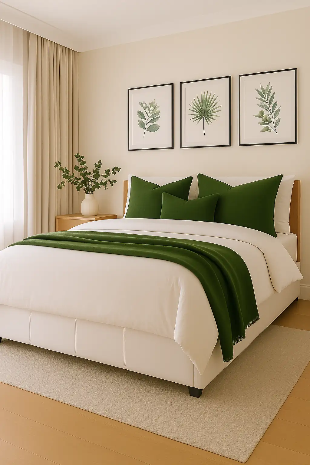 Scandinavian-style bedroom with calming botanical wall art in black frames above the bed, creating a serene and elegant vibe