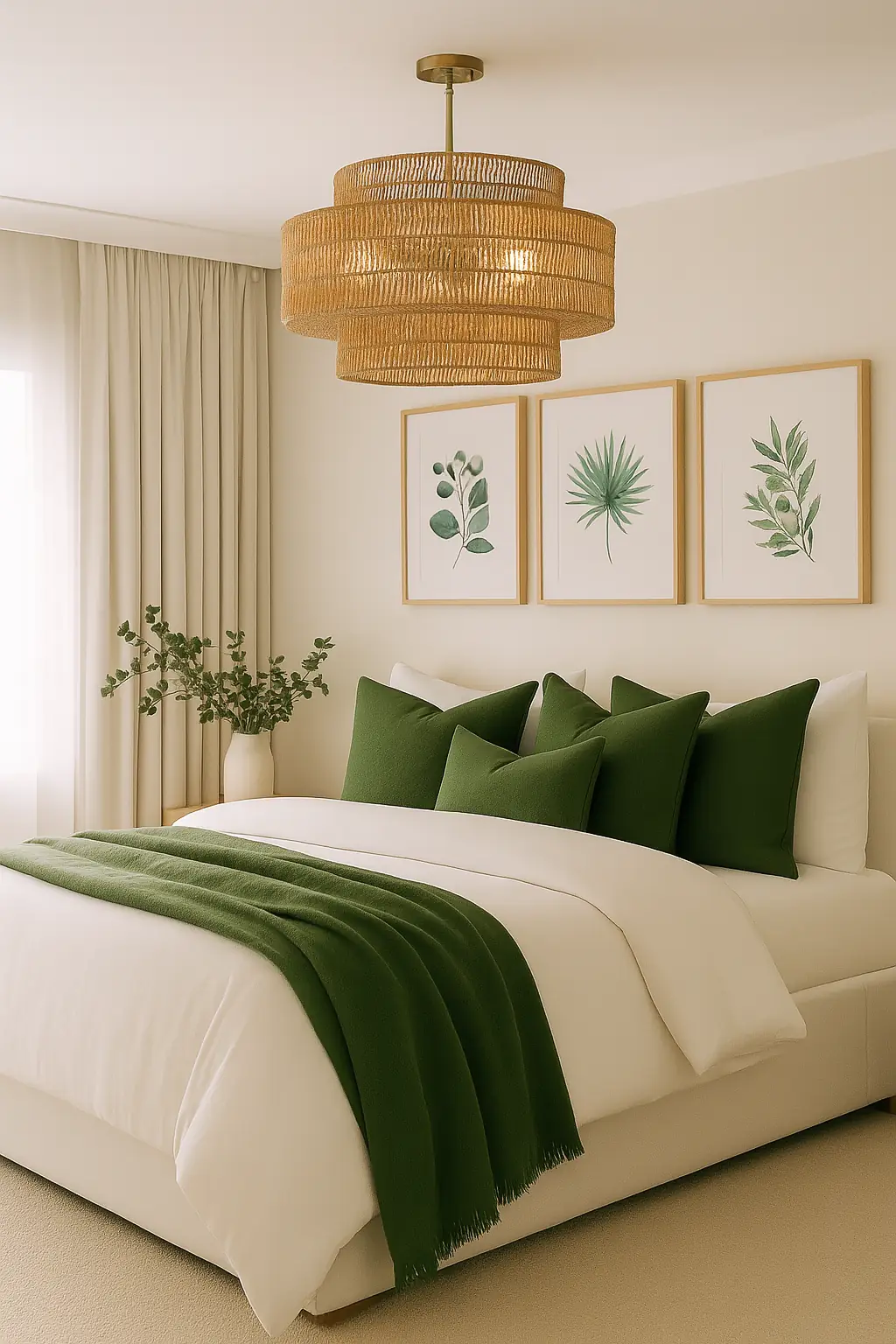Cozy Scandinavian-inspired bedroom with a woven rattan pendant light creating a warm and inviting atmosphere