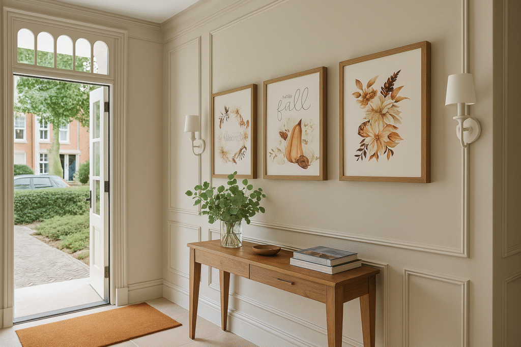 Cozy fall entryway with a wooden console table decorated with books, a vase of greenery, and autumn accents. Above the table, three framed fall-themed art prints replace the mirror, adding seasonal charm. Warm natural light highlights the neutral walls and inviting textures.